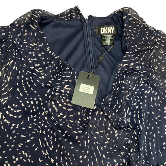 DKNY Dress Women's 12 Navy Pink Sheer Balloon Sleeve Lined Tie Waist Back Zip - Picture 4 of 16